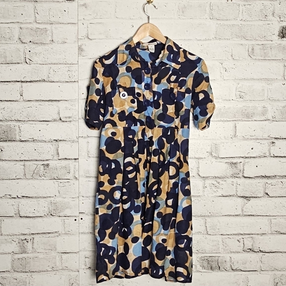 Kensie Blue Tan Abstract Print Button Front Midi Dress Size 10